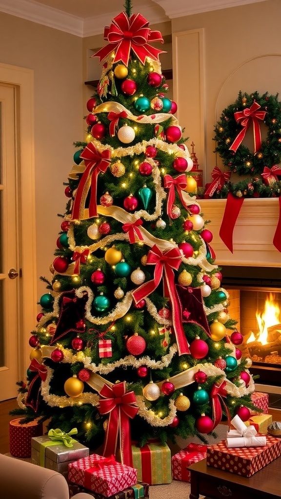 12-Foot Christmas Tree Decorating Ideas A tall, decorated Christmas tree in a living room with colorful ornaments and lights, surrounded by presents.